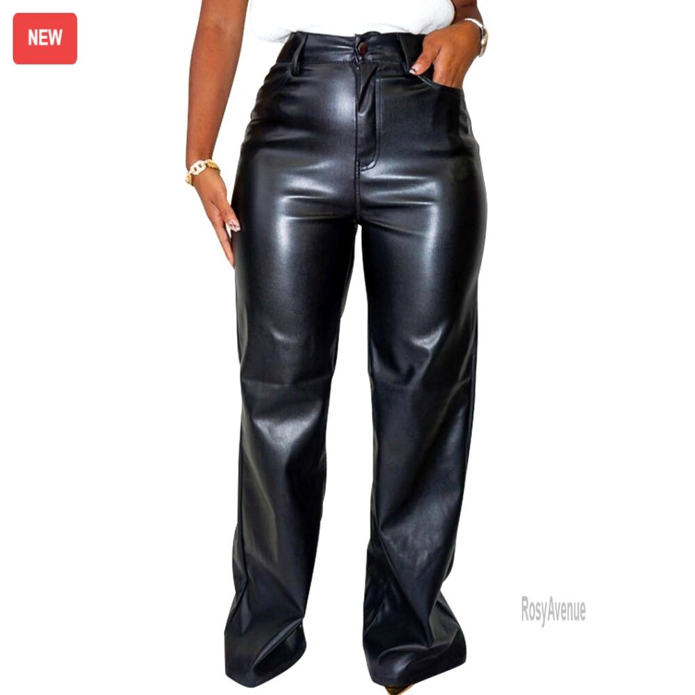 Faux Leather High Waist Straight Leg Pants Women Plus Size Loose Fit